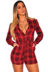 Sexy Red Black Plaid Collared Drawstring Romper